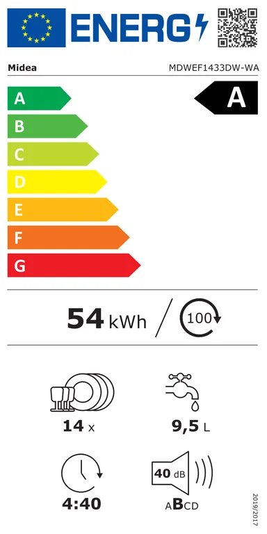 Official EU energy label of the Midea MDWEF1433DW-WA: class A