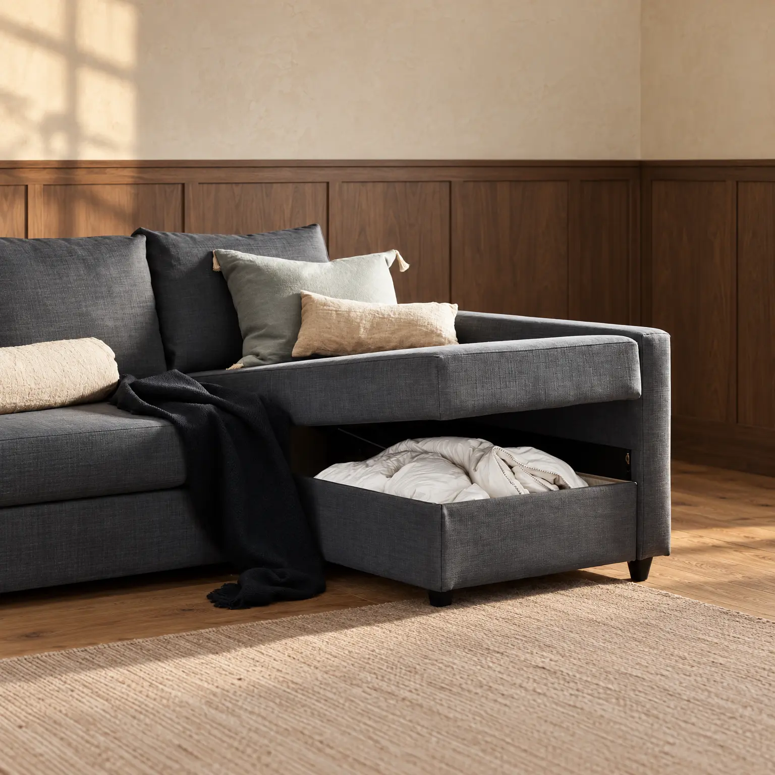 The chaise longue storage open, with a duvet stored inside (cushions, throw and duvet not included)