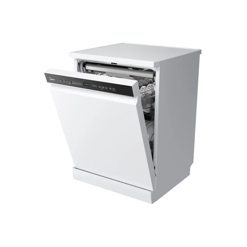 The Midea dishwasher in three-quarter view with the door slightly open