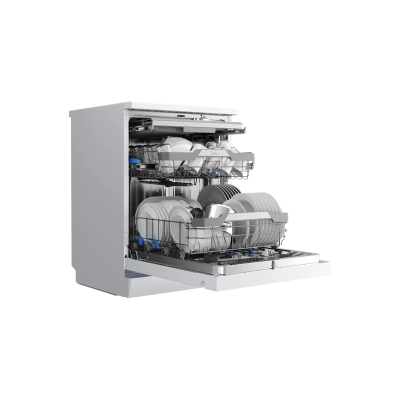 The Midea dishwasher in three-quarter view with the door open and both loaded baskets visible