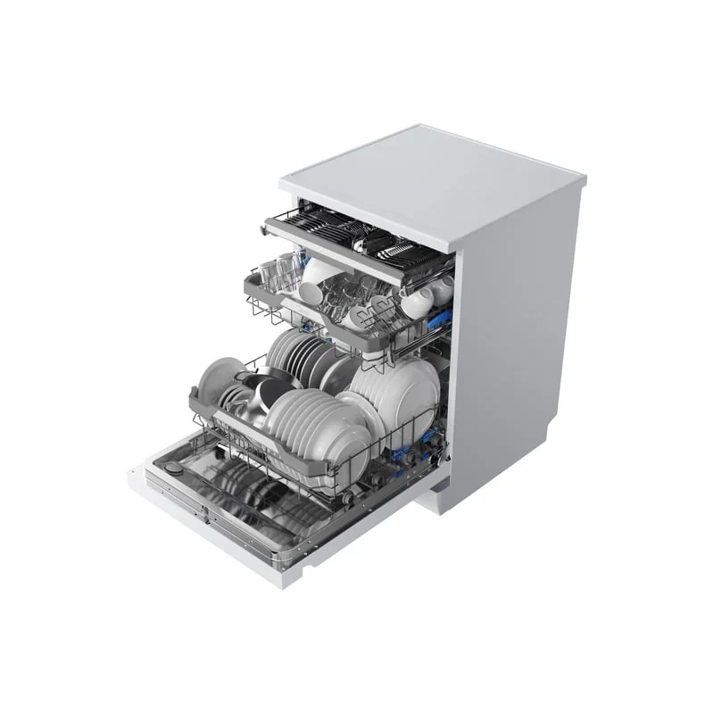 The Midea dishwasher from above with the door open and the cutlery tray, upper and lower baskets pulled out and loaded
