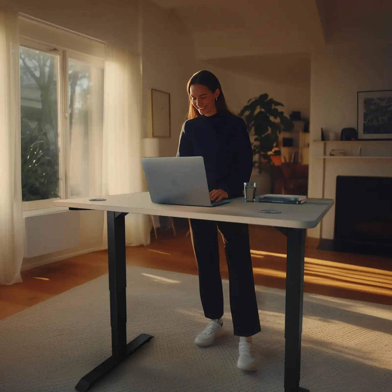 The desk with a black frame and a light grey top at standing height in a living room with a fireplace (laptop and accessories not included)