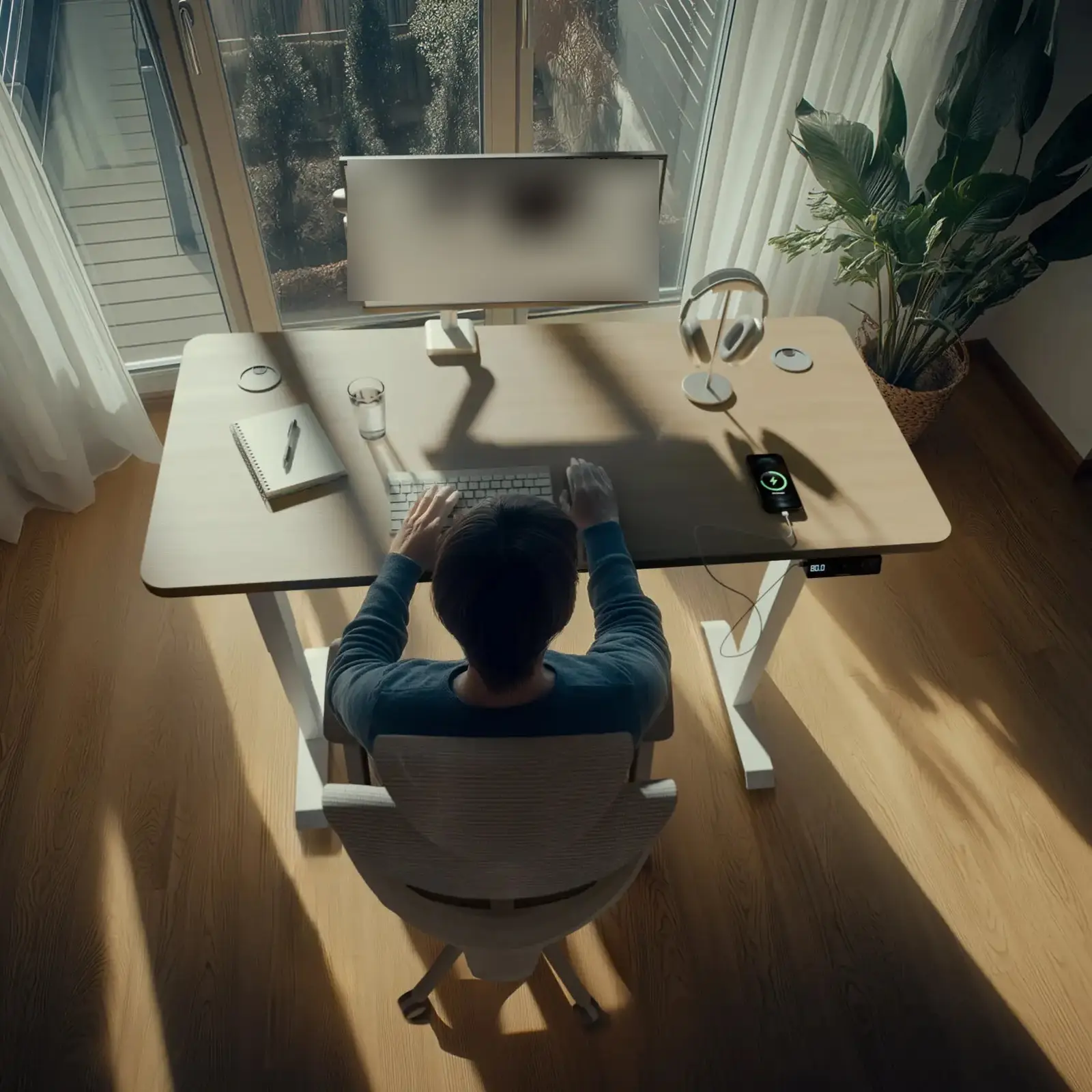Top-down view of the desk with a white frame and a light oak-effect top, showing the two cable grommets and the handset display (accessories not included)