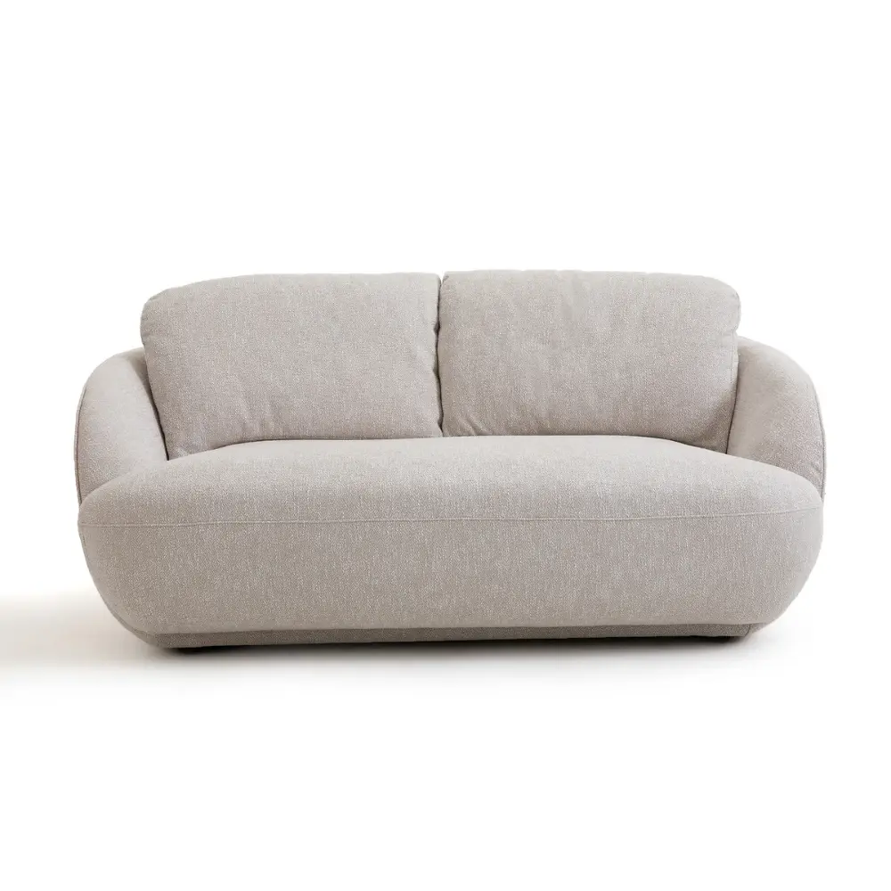 Low bench sofa in heathered greige cotton with two loose back cushions and rounded arms, front view on a white background