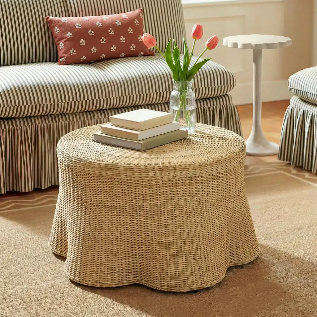 Round woven rattan coffee table with books and a vase of tulips on top, in front of a striped sofa