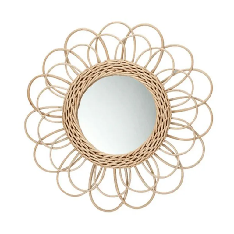Round mirror with a woven rattan frame and a looped petal border, on a white background