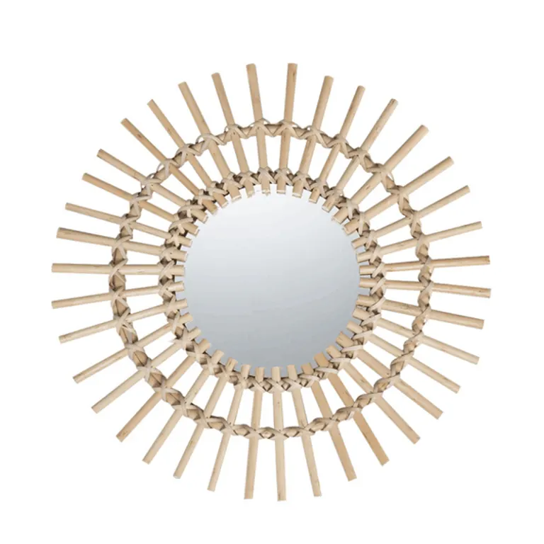 Round mirror with a double-layer sunburst rattan frame, on a white background