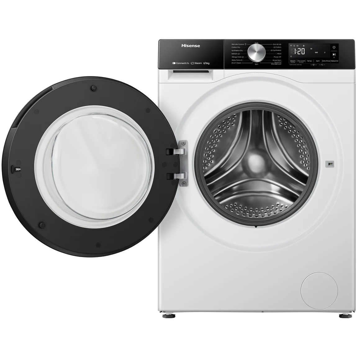 The Hisense washer-dryer with its door wide open, showing the stainless-steel drum