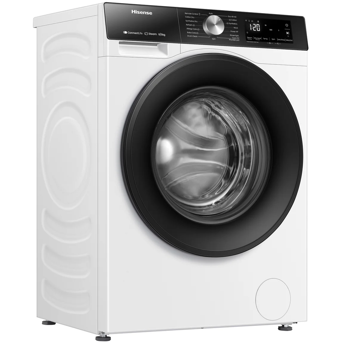 The Hisense white washer-dryer seen at an angle from the other side, with its side panel