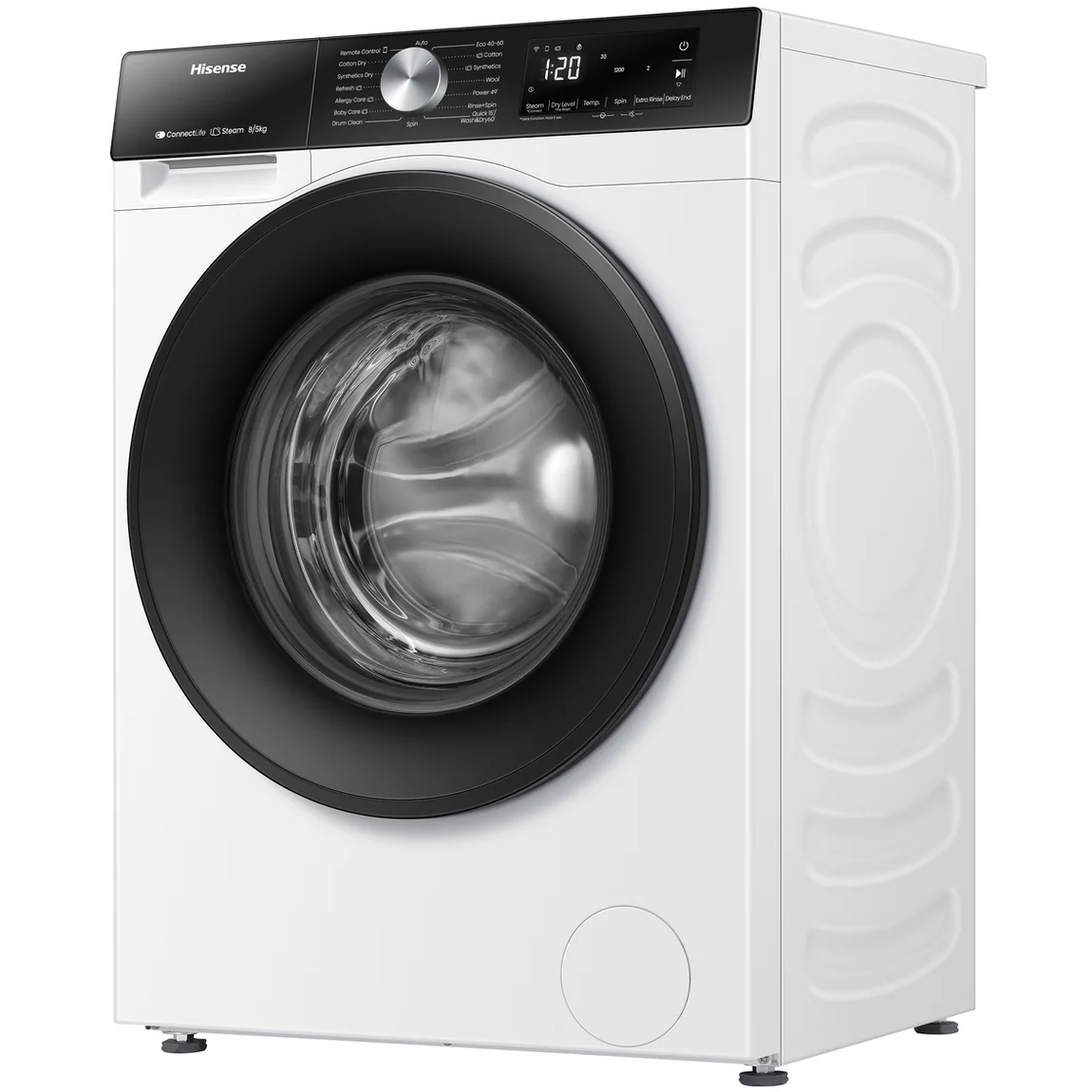 Three-quarter view of the Hisense white washer-dryer, with its side panel and adjustable feet