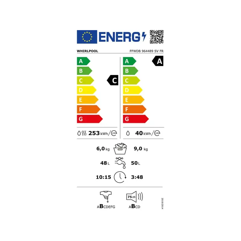 EU energy label of the FFWDB 964489 SV FR: class A for washing (9 kg), class C for washing and drying (6 kg), spin class B, 75 dB